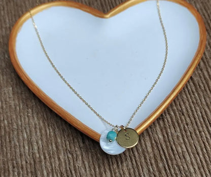 Collier initiale personnalisé, nacre et amazonite