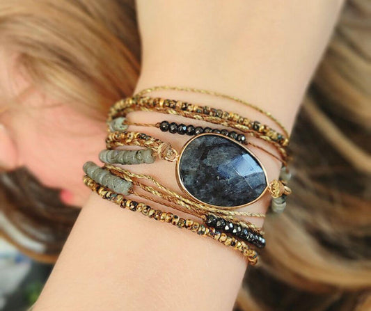 Manchette bohème Lune Sacrée - Labradorite noire et perles Miyuki