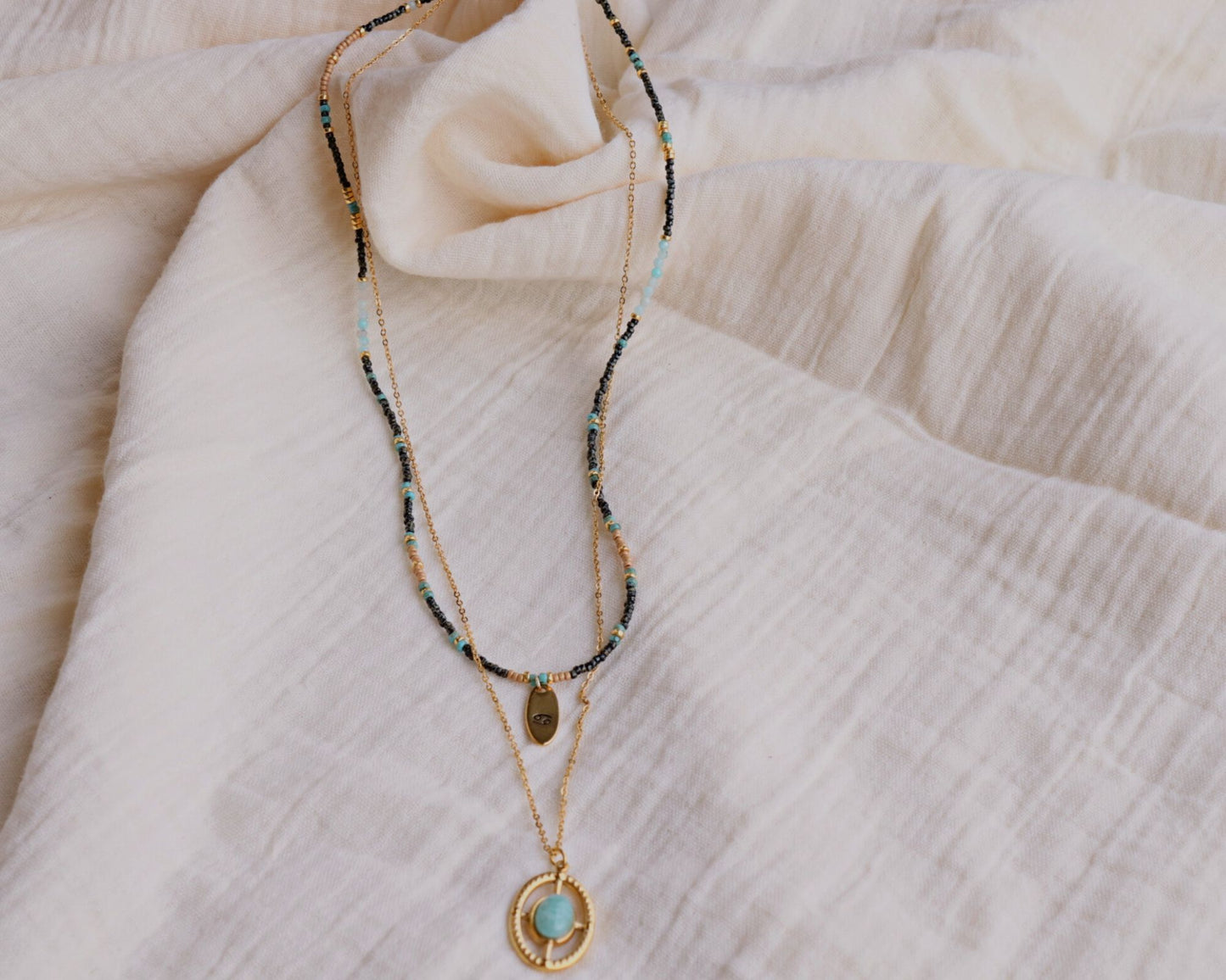 Collier double rangs Miyuki et amazonite